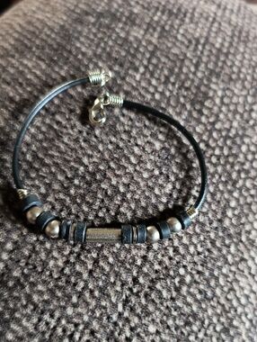 Minimalist Black Leather and Silver Bead Bracelet